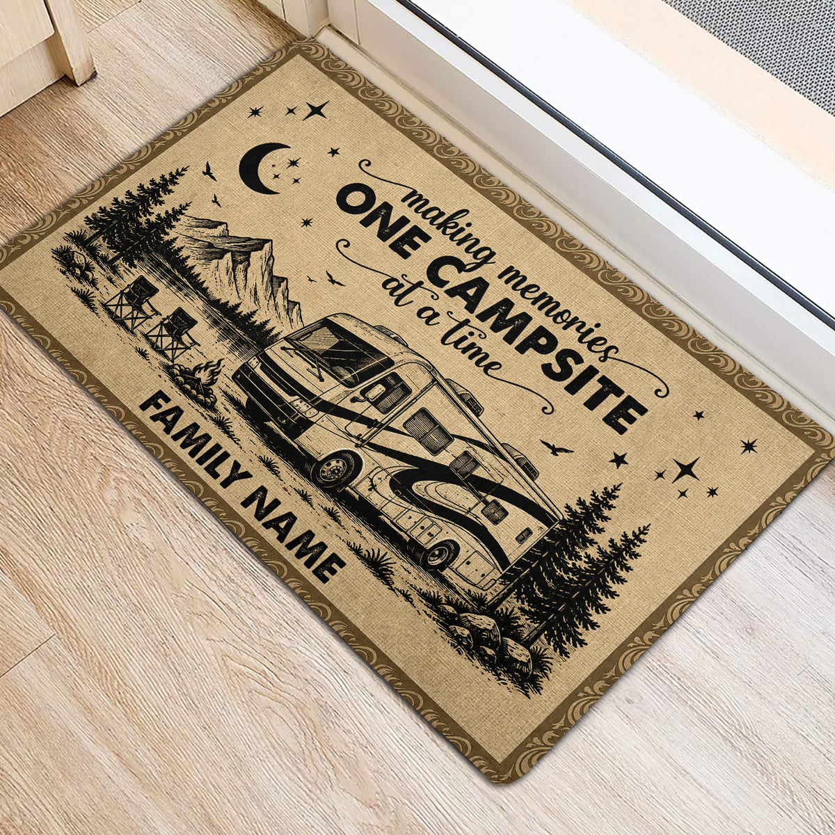 Camping entryway mat beside a door showing an RV, mountain landscape, pine trees, stars, and campfire