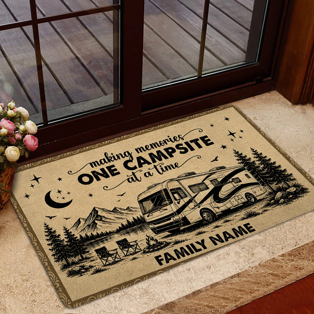 RV camping doormat styled inside a doorway with campsite artwork, mountains, pine trees, and campfire scene