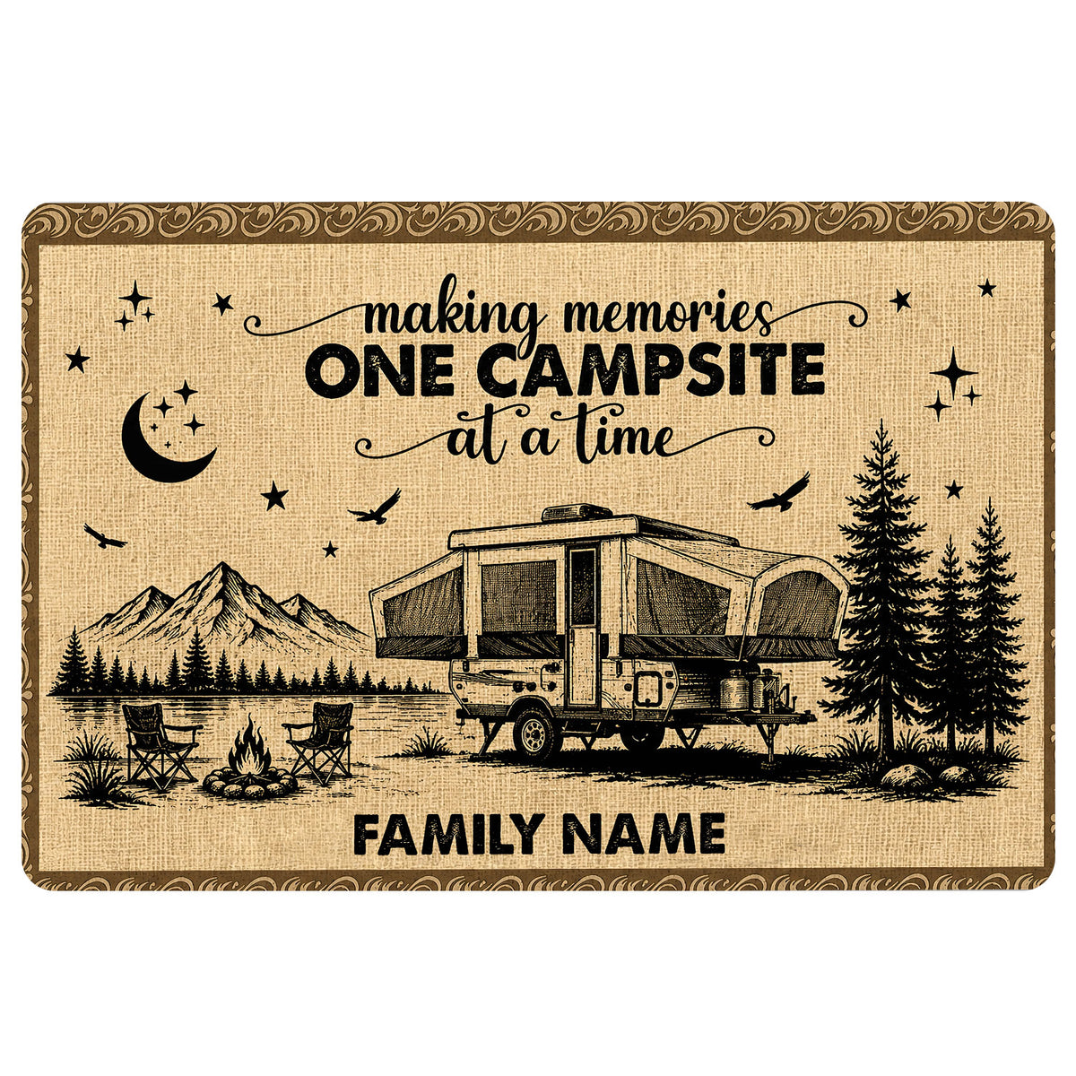 Camping doormat with mountain campsite, camper trailer, campfire, pine trees, stars, and a rustic brown border