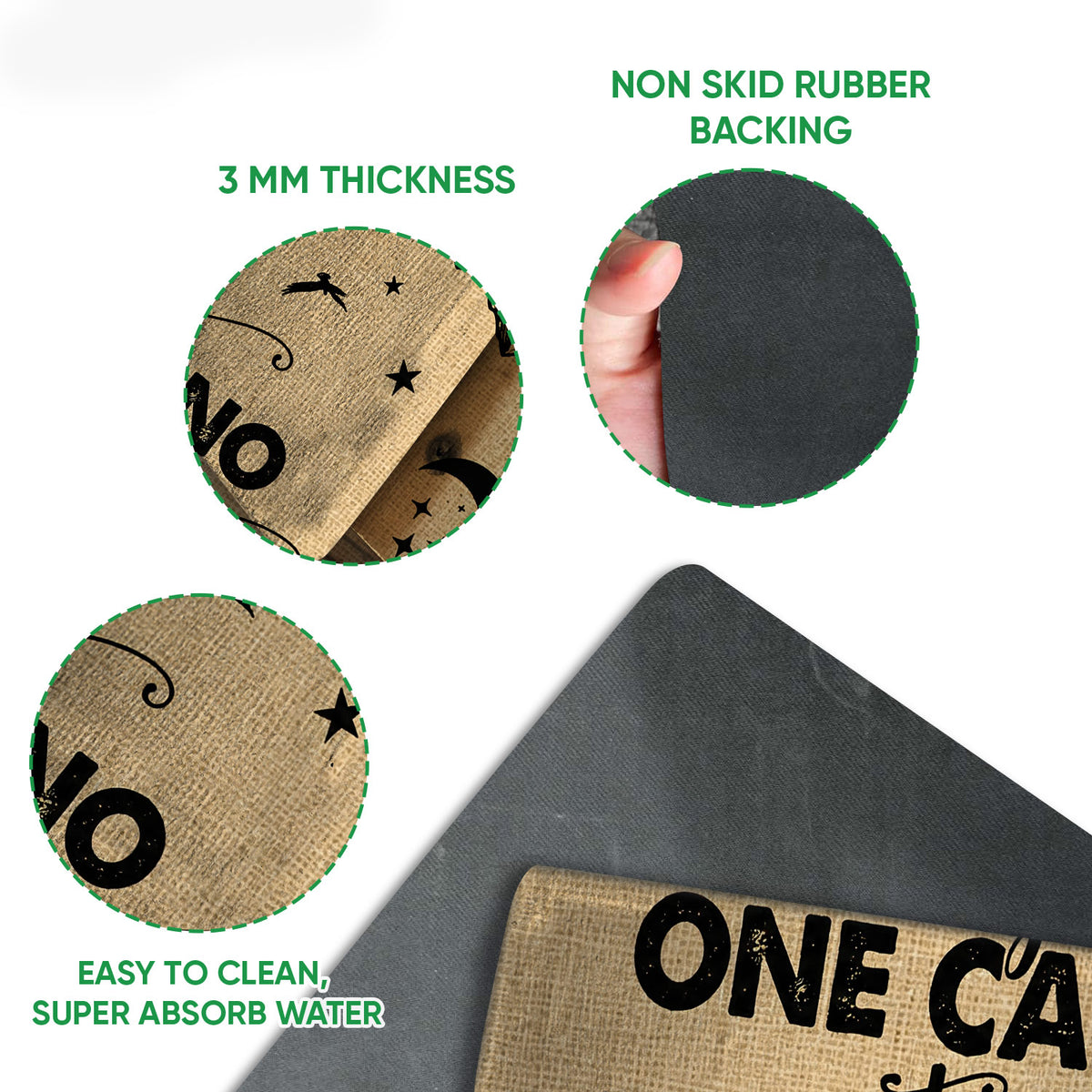 Close-up feature view showing the camping doormat surface, thin profile, and dark rubber backing