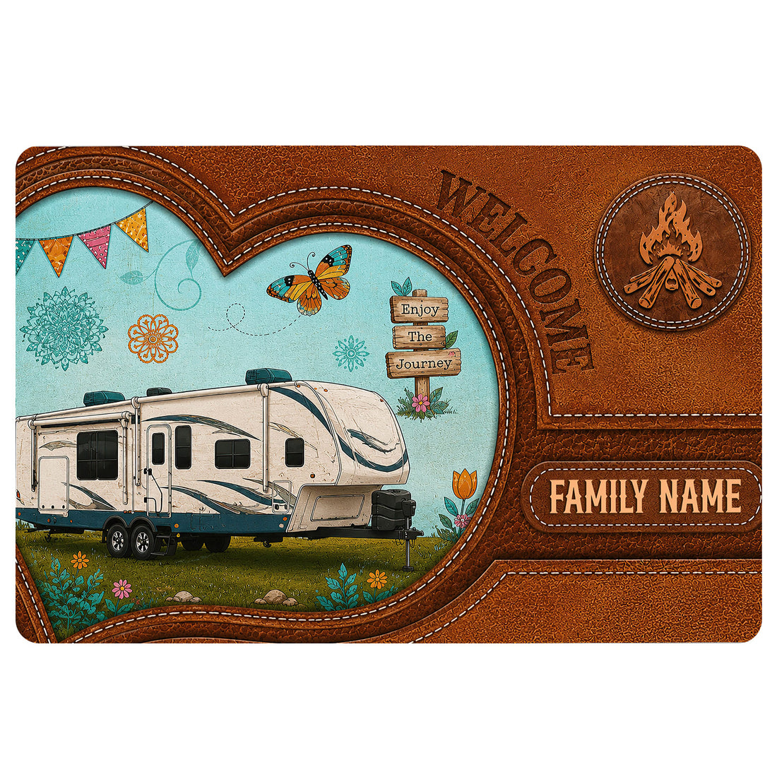 Camping doormat featuring a travel trailer, campfire emblem, butterfly, flowers, and rustic welcome artwork