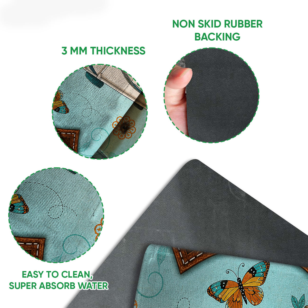 Close detail of the camping doormat surface and black rubber backing with the RV artwork visible