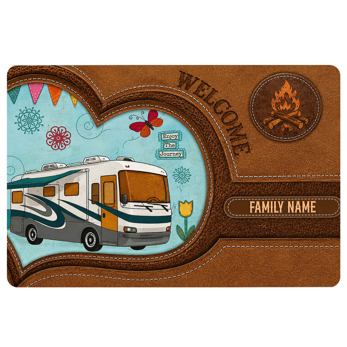 Camping doormat featuring a motorhome, campfire emblem, colorful travel artwork, and rustic brown stitched-style borders