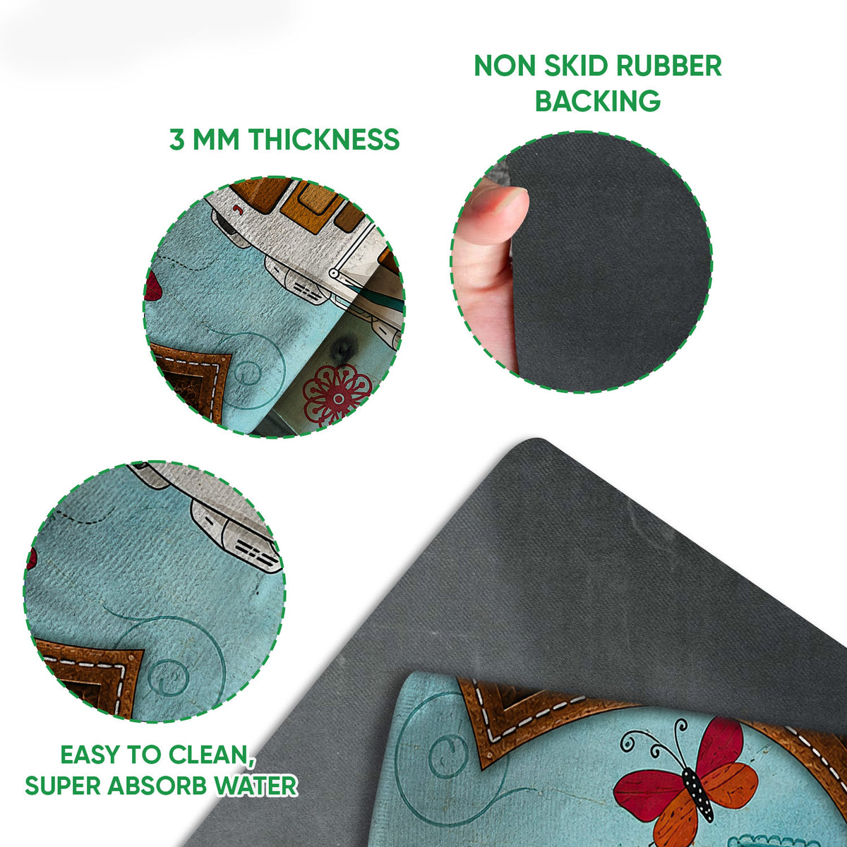 Close-up feature view showing the printed camping design, felt-like surface texture, and dark rubber backing