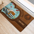 RV camping doormat shown at an entrance with colorful travel artwork, rustic borders, and campfire details