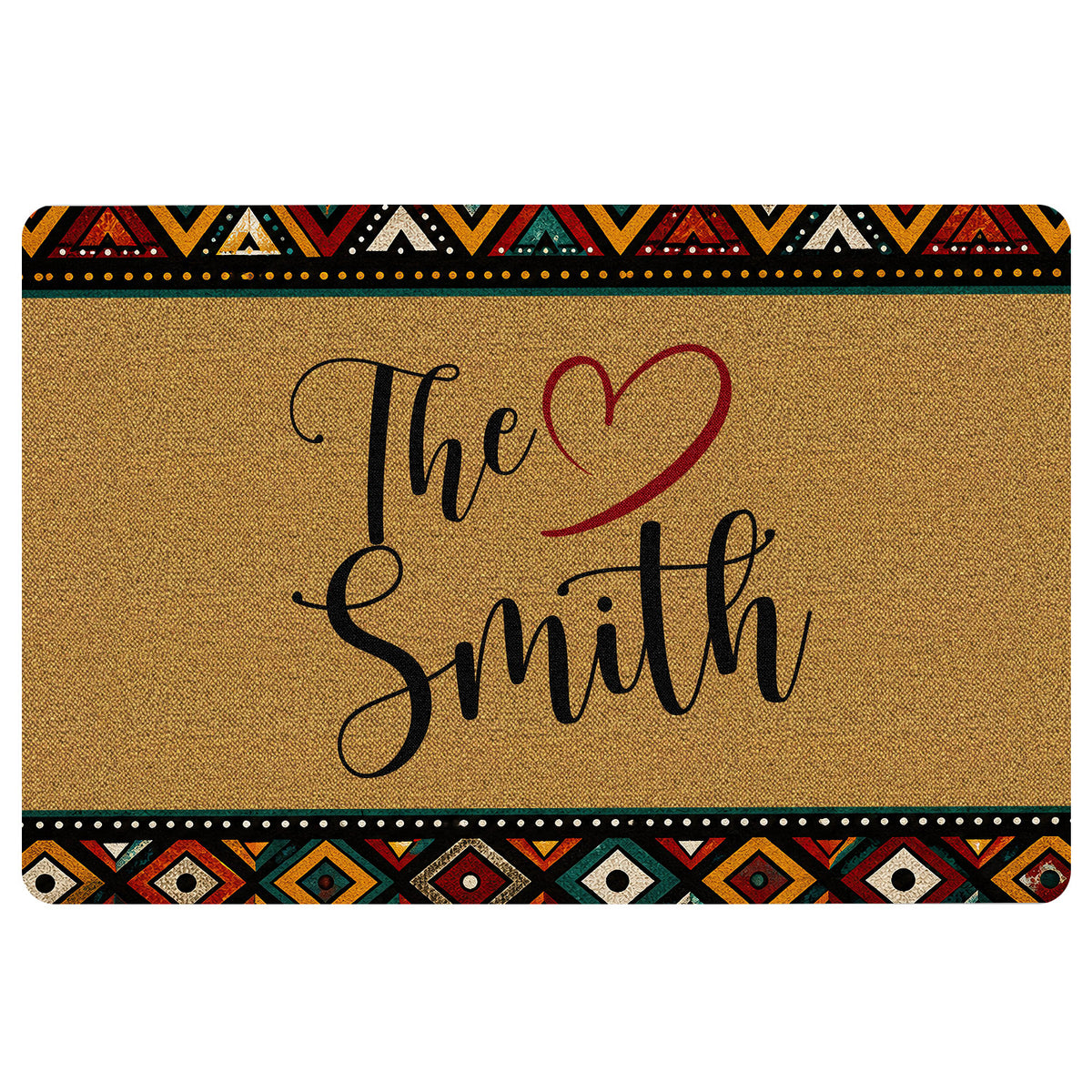 African-inspired geometric doormat with warm tan center, colorful patterned borders, and heart artwork
