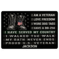 Black veteran doormat featuring military boots, dog tags, patriotic stars, and bold service-themed artwork