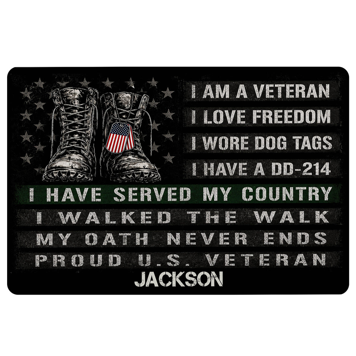 Black veteran doormat featuring military boots, dog tags, patriotic stars, and bold service-themed artwork