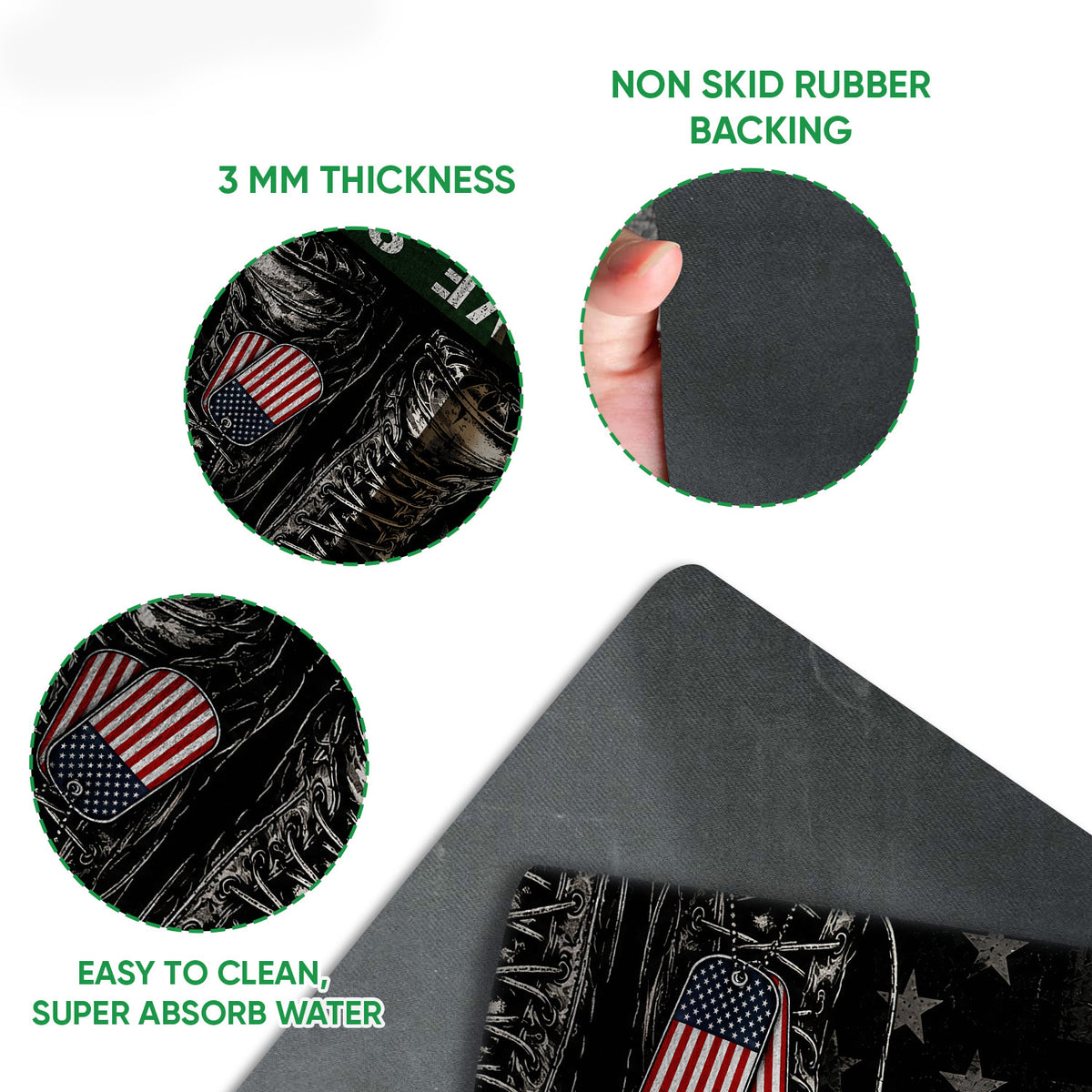Close-up of veteran doormat artwork and rubber backing showing military boots, dog tags, and patriotic details