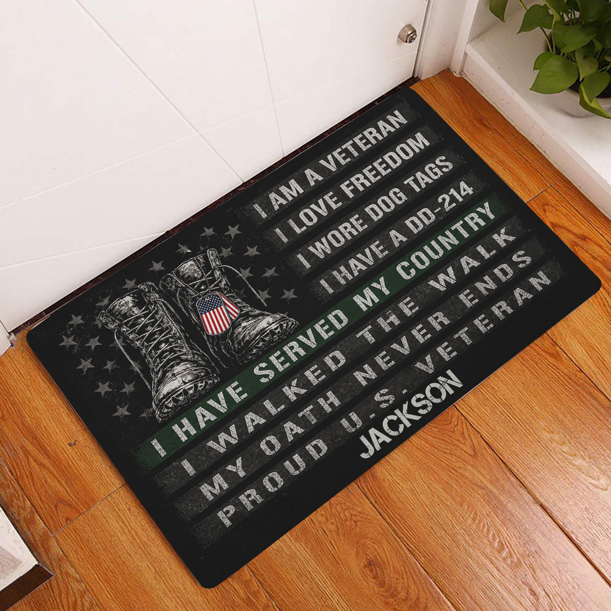 Veteran doormat displayed at an indoor entryway with military boot artwork and patriotic service design
