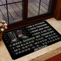 Veteran entryway mat shown near a glass door with military boot artwork, stars, and patriotic messaging