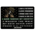 Veteran doormat with military boots, helmet, dog tags, patriotic stars, and bold service-themed lettering