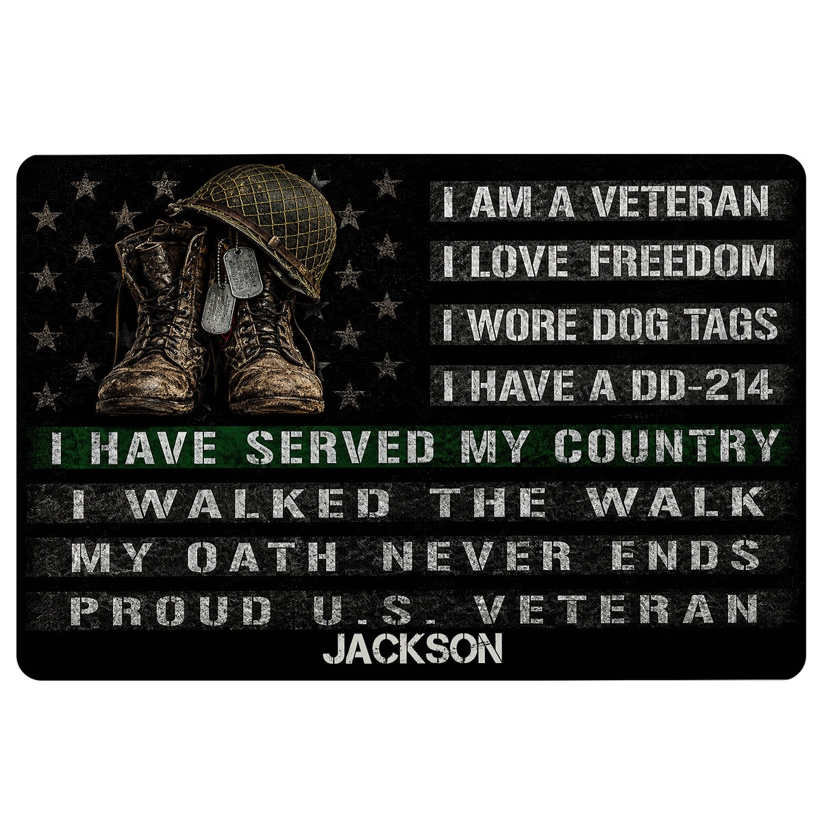 Veteran doormat with military boots, helmet, dog tags, patriotic stars, and bold service-themed lettering