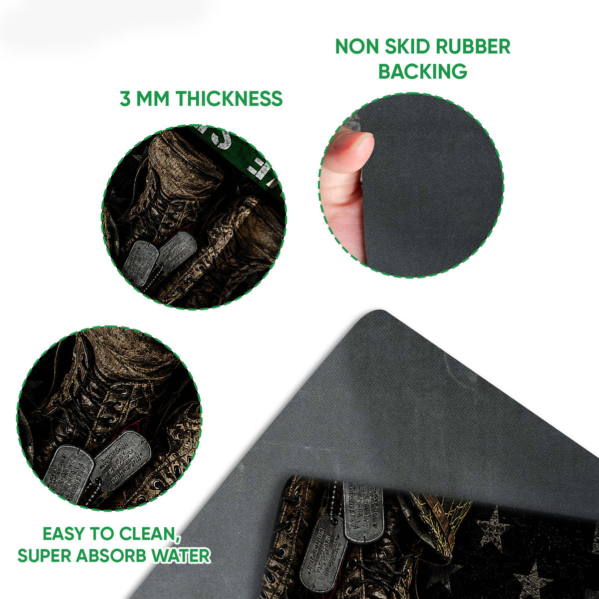 Close-up feature view of veteran doormat artwork and its black rubber backing with easy-clean construction