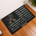 Veteran doormat displayed at an indoor entryway with military boots, patriotic stars, and service-themed artwork