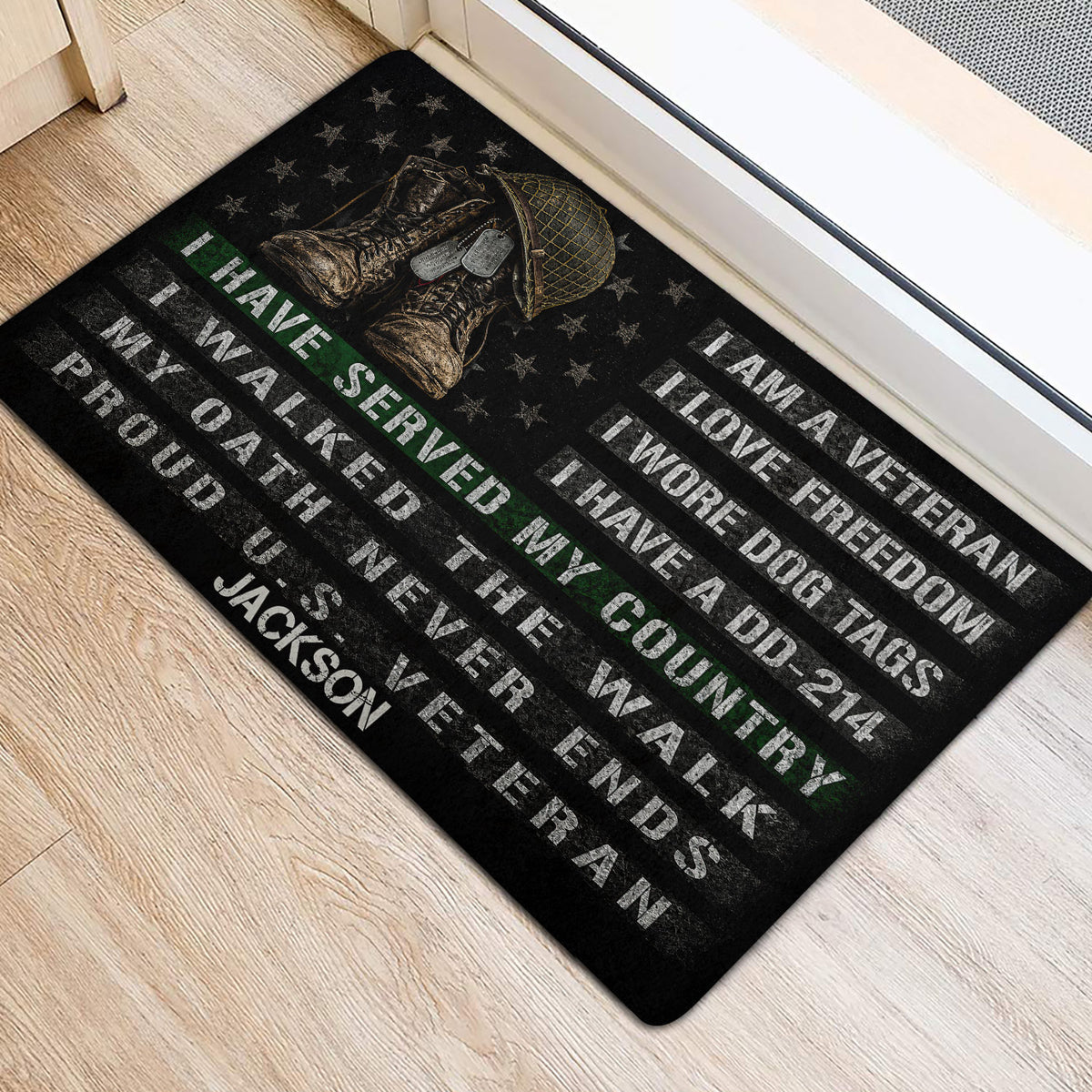 Veteran entryway mat shown beside a doorway with military boots, helmet, dog tags, and patriotic lettering