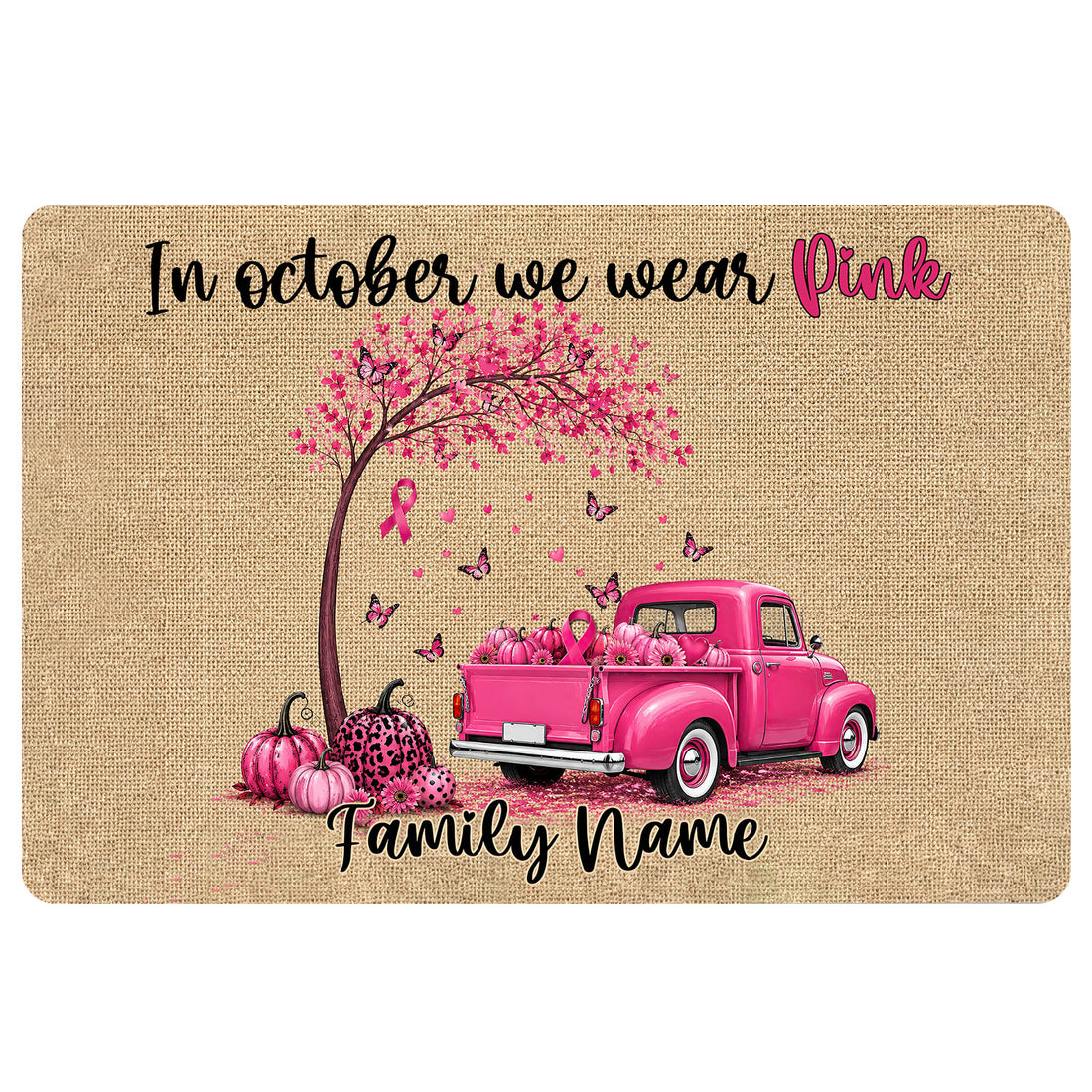 Breast cancer awareness doormat with pink ribbon tree, butterflies, pumpkins, and pink vintage pickup truck artwork