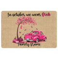 Breast cancer awareness doormat with pink ribbon tree, butterflies, pumpkins, and pink vintage pickup truck artwork