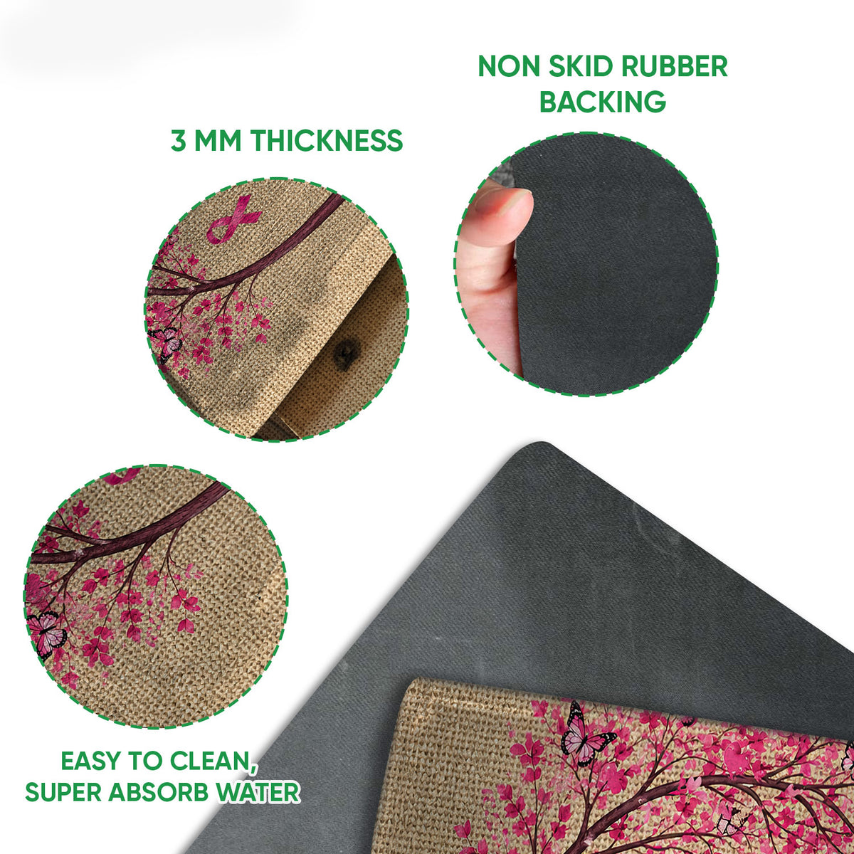 Breast cancer awareness doormat detail showing the printed felt surface and black rubber backing