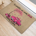 Breast cancer awareness entryway rug with pink tree, pumpkins, butterflies, and vintage truck design