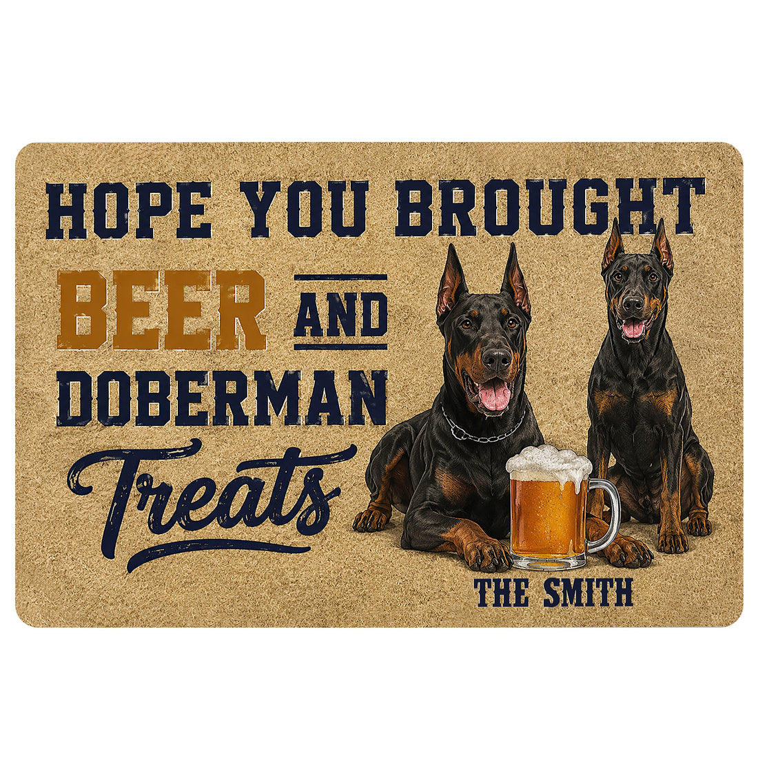 Doberman doormat featuring two dogs, beer artwork, and a humorous entryway design