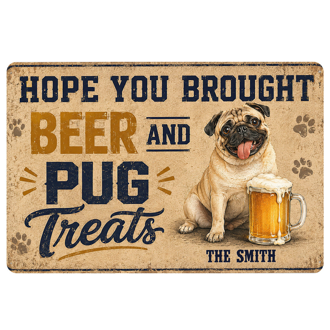 Pug doormat with a playful beer-themed design, paw prints, and bold vintage-style lettering