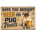Pug doormat with a playful beer-themed design, paw prints, and bold vintage-style lettering