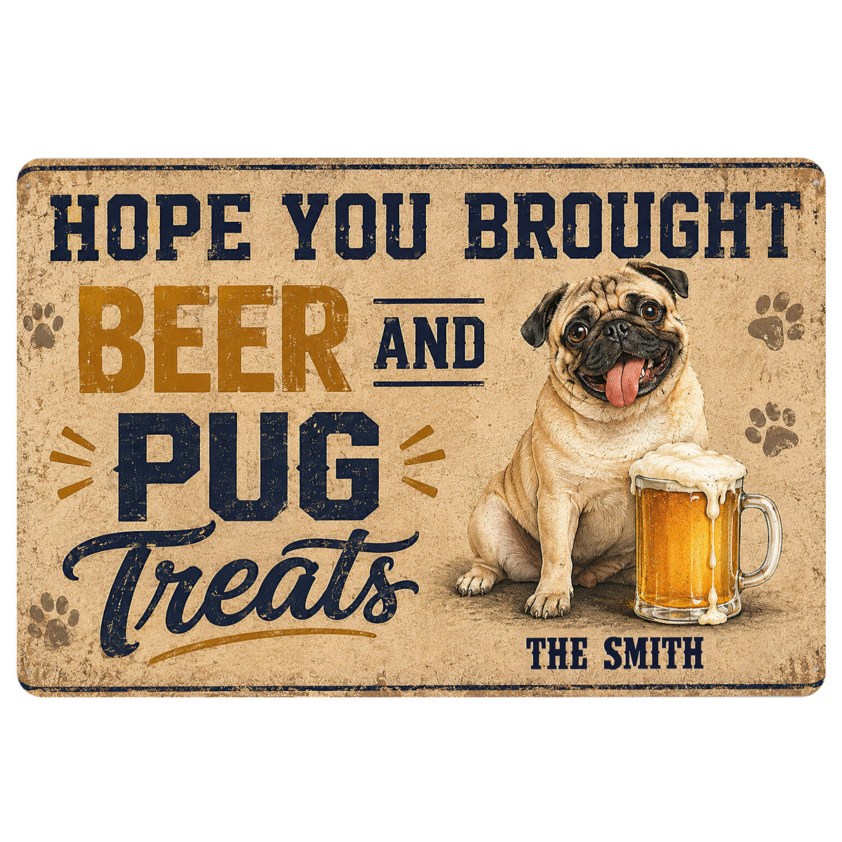 Pug doormat with a playful beer-themed design, paw prints, and bold vintage-style lettering