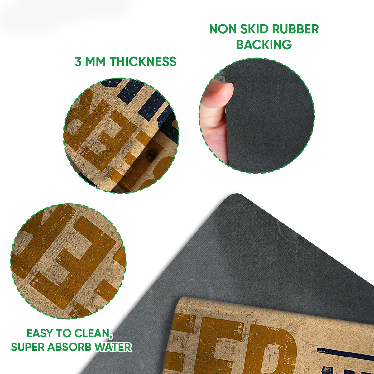 Close-up feature view showing the doormat print, 3 mm thickness, and black rubber backing