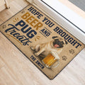 Pug and beer doormat styled beside a home entrance on light wood flooring
