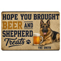 German Shepherd doormat with beer-themed artwork, bold lettering, paw print, and tan navy color palette