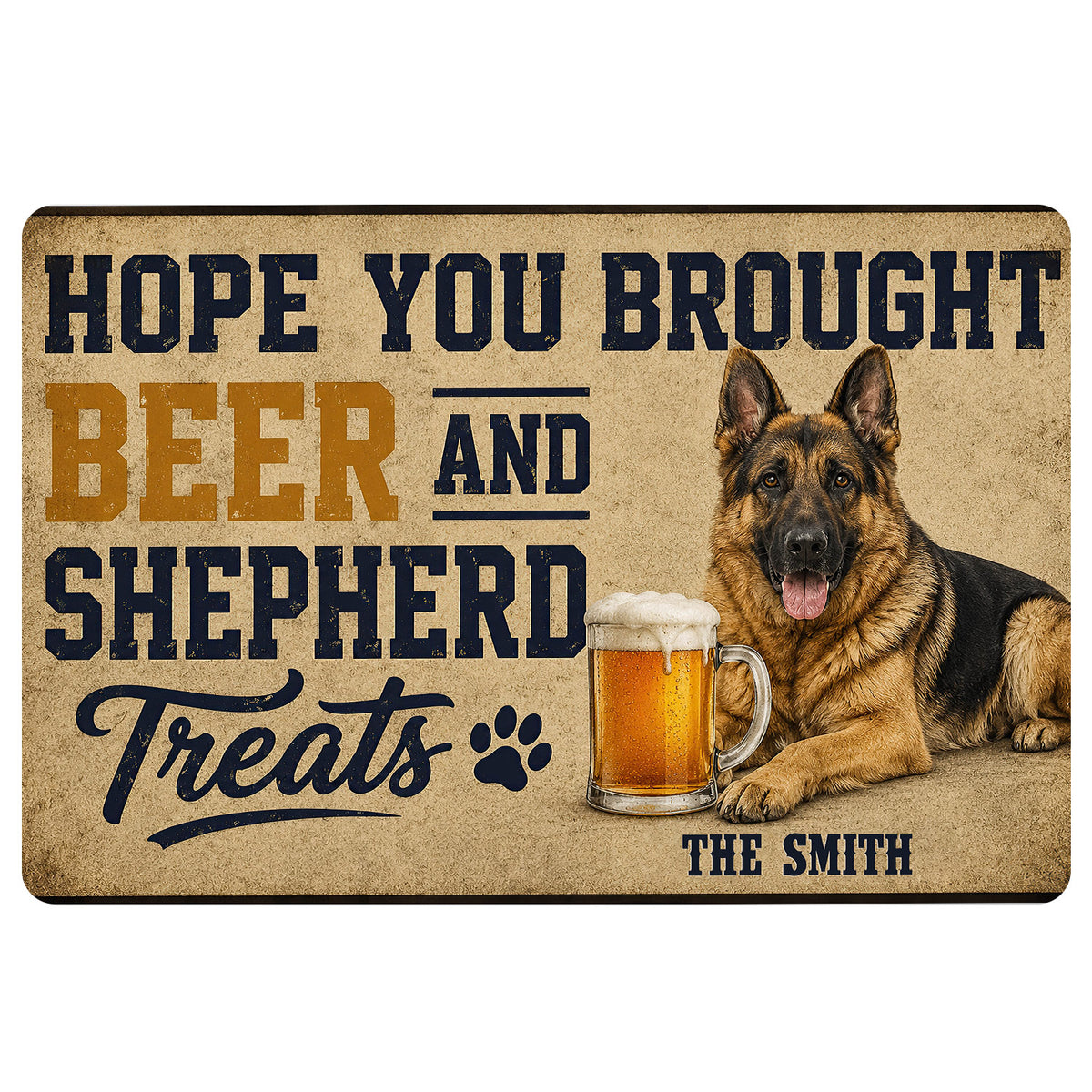 German Shepherd doormat with beer-themed artwork, bold lettering, paw print, and tan navy color palette
