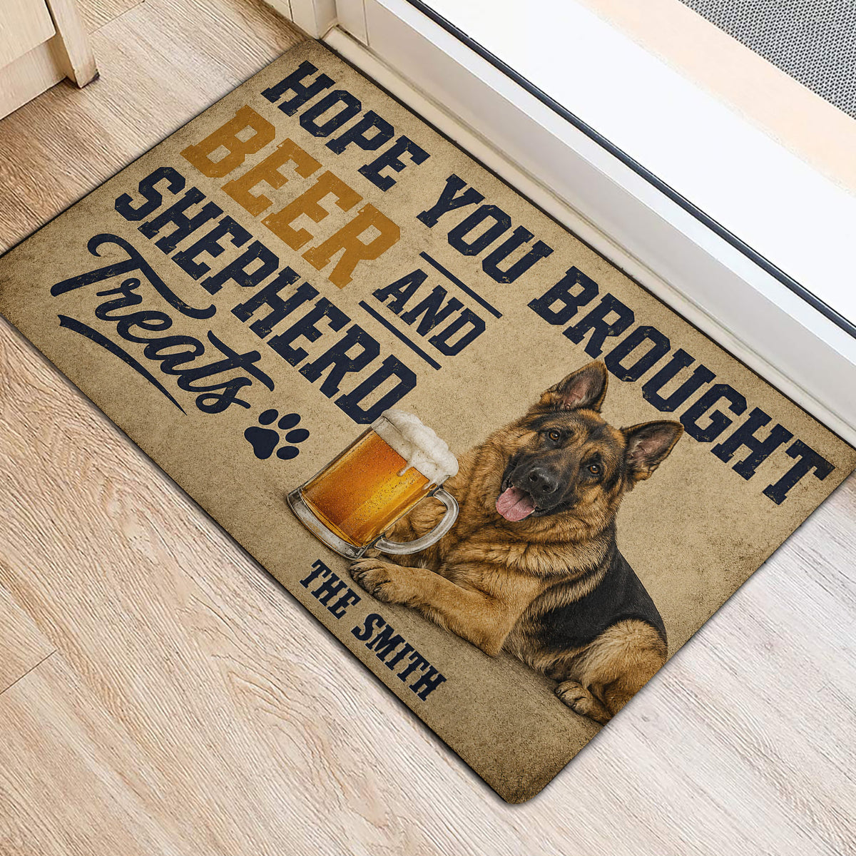 German Shepherd doormat with bold beer-themed lettering positioned inside a home entrance