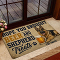 German Shepherd entryway mat shown by a glass door with wood flooring and indoor decor