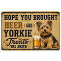 Yorkie doormat with a cheerful Yorkshire Terrier beside a beer mug and vintage welcome artwork