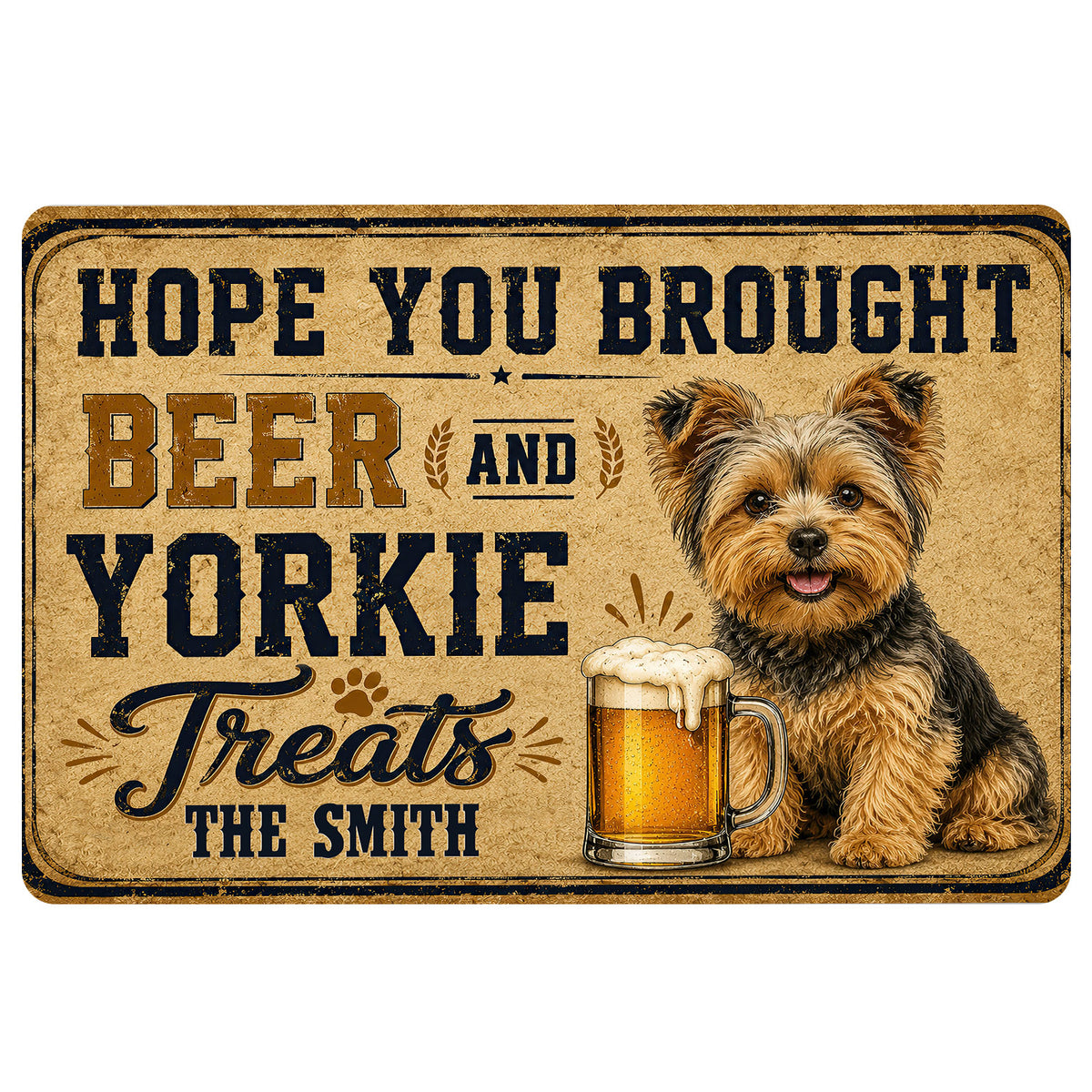 Yorkie doormat with a cheerful Yorkshire Terrier beside a beer mug and vintage welcome artwork