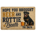 Rottweiler doormat with vintage beer-themed typography, paw print, and tan, navy, and gold artwork
