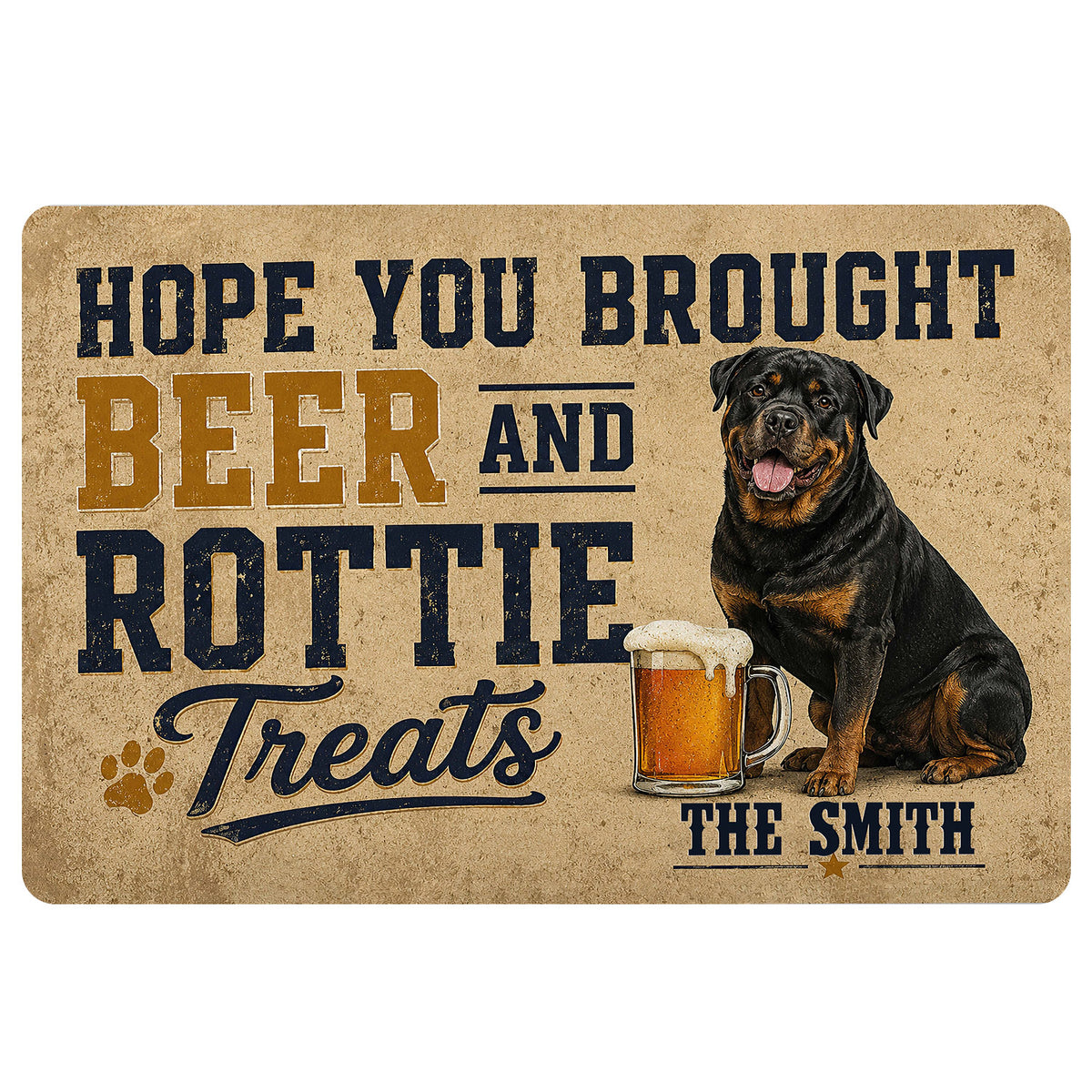 Rottweiler doormat with vintage beer-themed typography, paw print, and tan, navy, and gold artwork