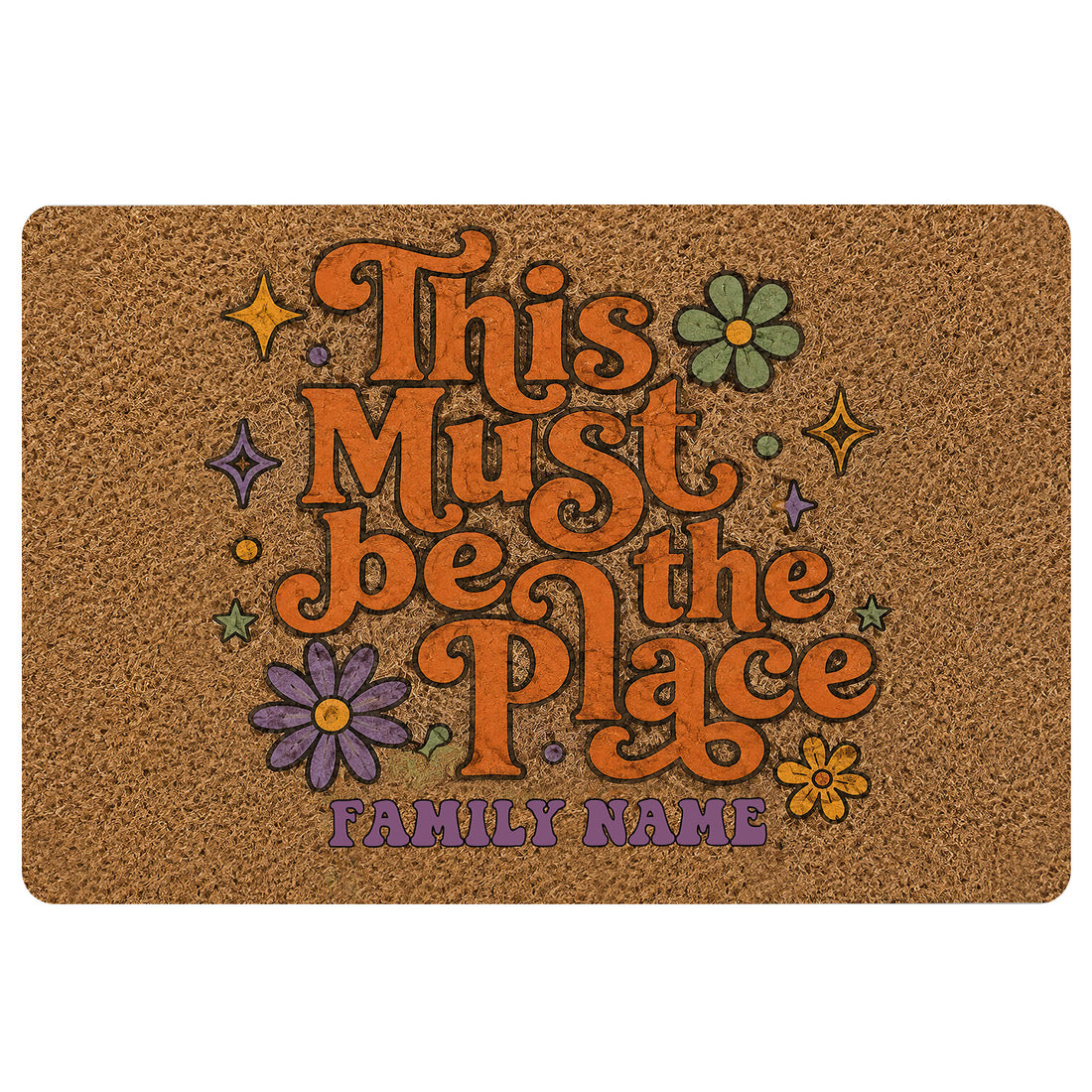 Hippie peace-inspired doormat with colorful flowers, stars, retro lettering, and a family welcome design