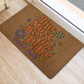 Hippie entryway rug displayed near a door with colorful flowers, stars, and peace-inspired artwork