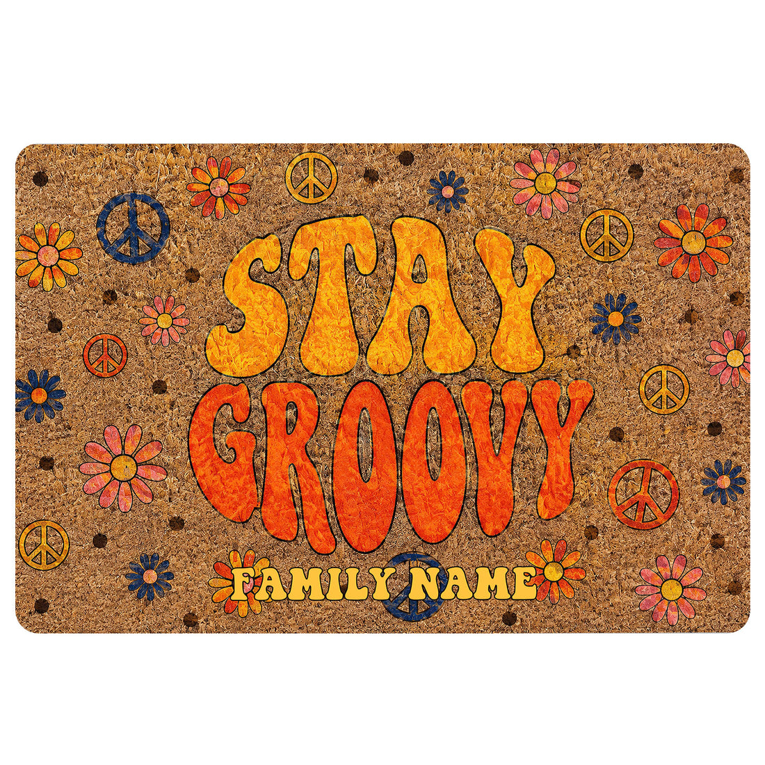 Groovy hippie doormat with colorful daisies, peace symbols, and bold retro lettering