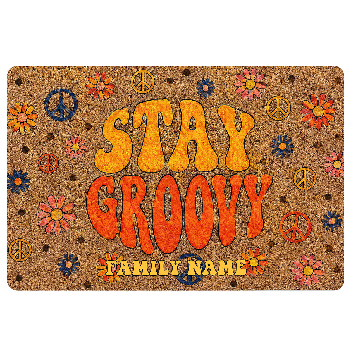 Groovy hippie doormat with colorful daisies, peace symbols, and bold retro lettering