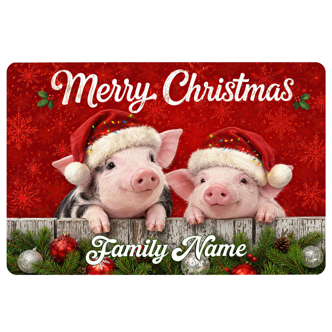 Christmas pig doormat design with two pigs in Santa hats, snowflakes, holly, ornaments, and red festive artwork