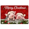 Christmas pig doormat design with two pigs in Santa hats, snowflakes, holly, ornaments, and red festive artwork