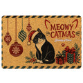 Christmas tuxedo cat doormat with ornaments, gifts, greenery, and festive lettering