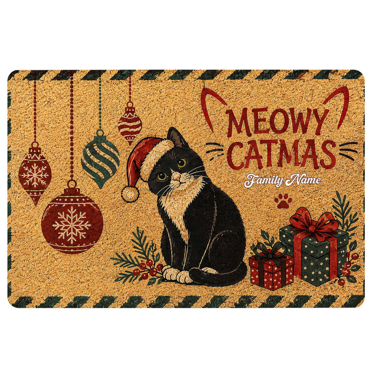 Christmas tuxedo cat doormat with ornaments, gifts, greenery, and festive lettering