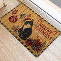 Tuxedo cat Christmas door mat with ornaments and gifts placed at an entrance