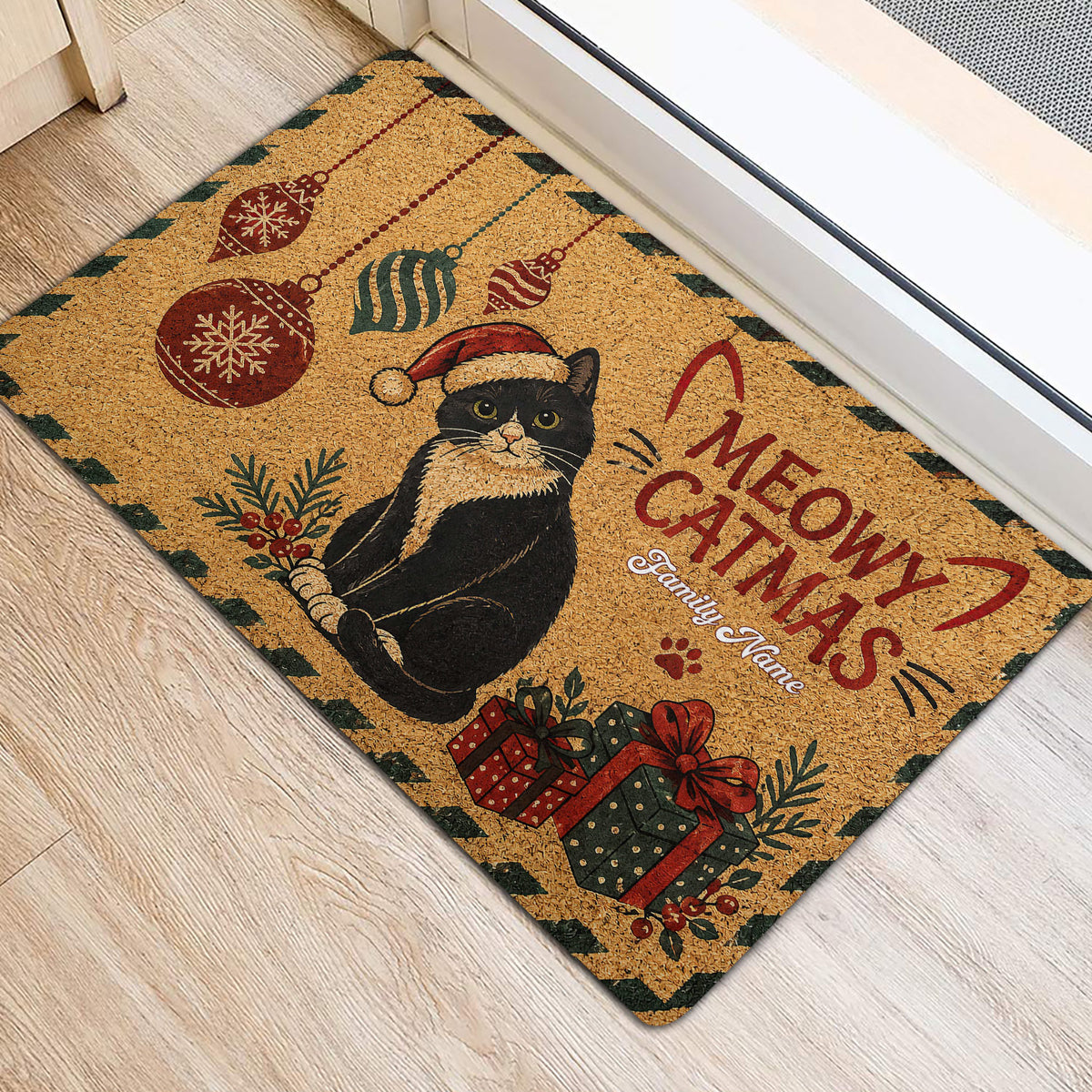 Tuxedo cat Christmas door mat with ornaments and gifts placed at an entrance