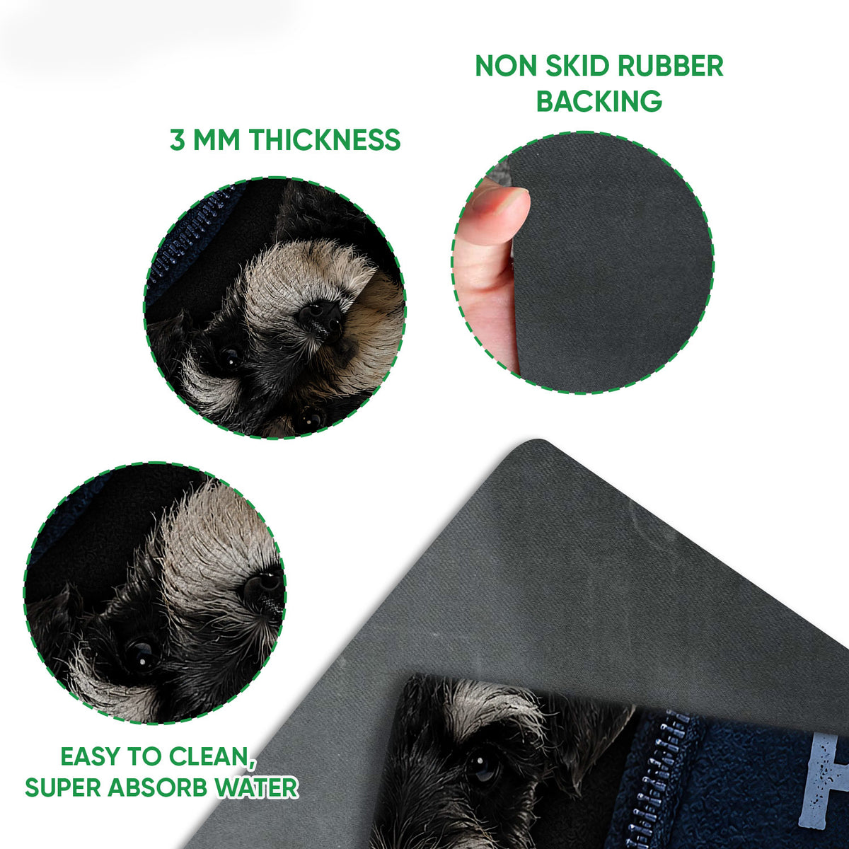Miniature Schnauzer doormat detail showing the printed felt surface and rubber backing feature