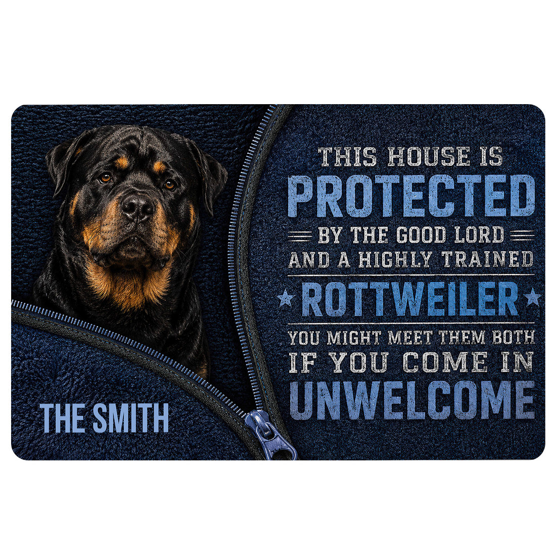 Rottweiler doormat featuring a black and tan dog, blue artwork, and a bold protective entryway message